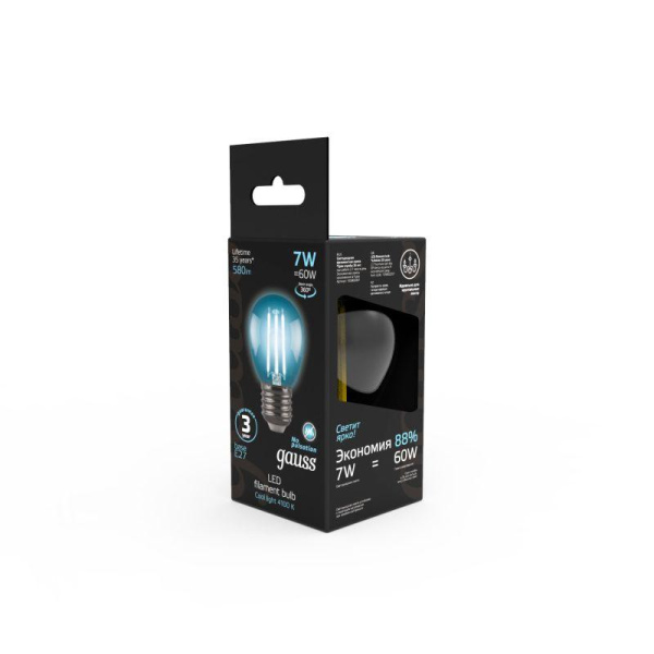 Лампа светодиодная филаментная Black Filament 7Вт P45 шар 4100К нейтр. бел. E27 580лм GAUSS 105802207