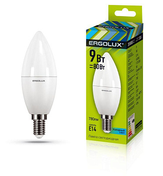Лампа светодиодная LED-C35-9W-E14-4К 9Вт свеча матовая 4000К бел. E14 220-240В Ergolux 13168