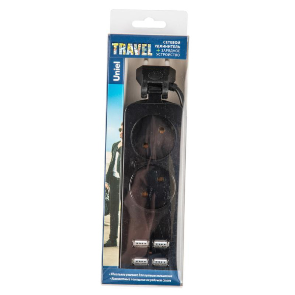 Удлинитель 2х1.5м без заземл. 10А Travel S-CT2-1.5U BLACK 2 гнезда 4USB (21А) черн. Uniel UL-00011135