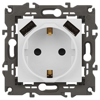 Розетка 16А 250В 2P+E с 2хUSB 5В-3А защ. шторки Elegance бел. 14-4109-01 ЭРА Б0047867