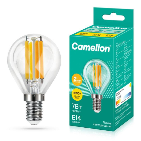 Лампа светодиодная филаментная LED7-G45-FL/830/E14 7Вт шар прозрачная 3000К тепл. бел. E14 220В Camelion 13456