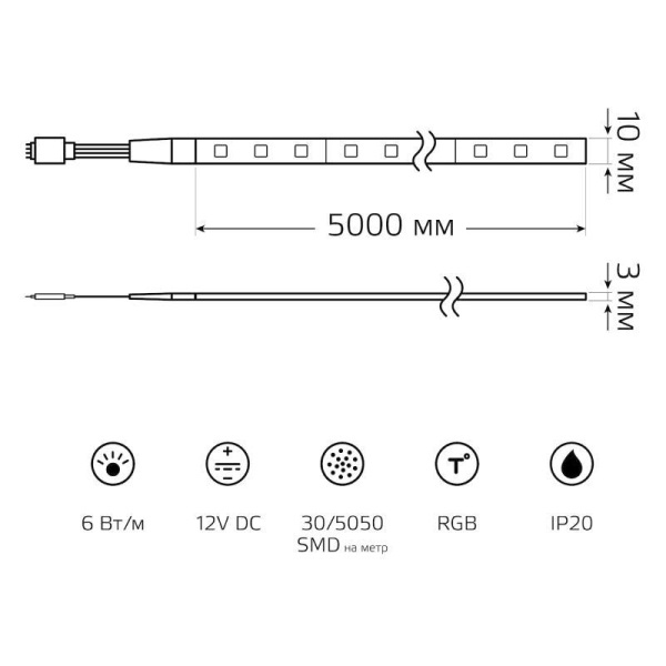 Лента светодиодная Basic 5050/30-SMD 6Вт/м RGB IP20 390лм/м 12В 10мм драйвер (уп.5м) GAUSS BT012
