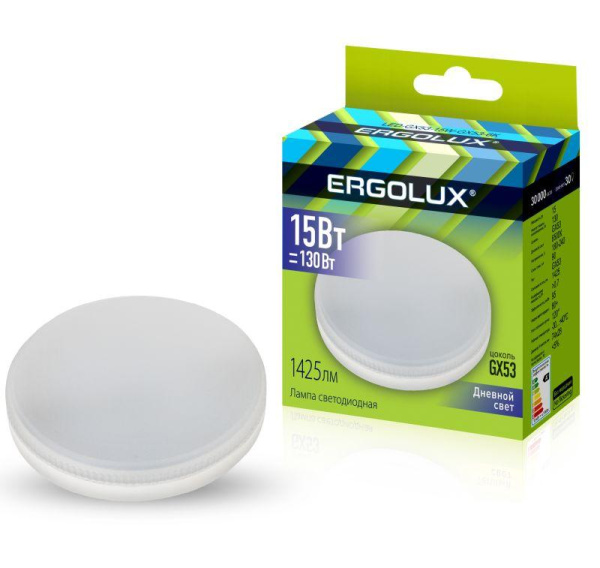 Лампа светодиодная LED-GX53-15W-GX53-6K 15Вт таблетка 6500К холод. бел. GX53 220-240В Ergolux 14240