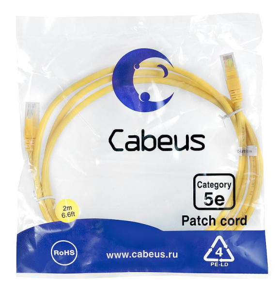 Патч-корд U/UTP кат.5E PC-UTP-RJ45-Cat.5e-2m-YL-LSZH 2xRJ45/8p8c неэкранир. LSZH 2м желт. Cabeus 9499c
