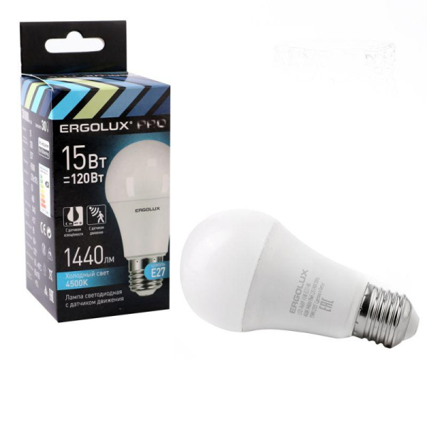 Лампа светодиодная LED-A60P-15W-E27-4K PRO 15Вт грушевидная 4500К бел. Е27 220-240В с датчиком Ergolux 14763
