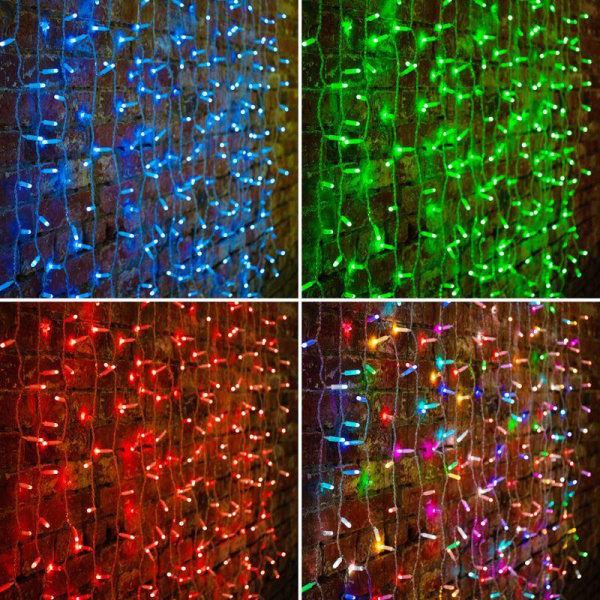 Гирлянда светодиодная "Светодиодный Дождь" 2х1.5м 300LED мультиколор RGB 30Вт 230В IP65 провод прозр. (свечение с динамикой при приобретении контроллера) Neon-Night 245-309