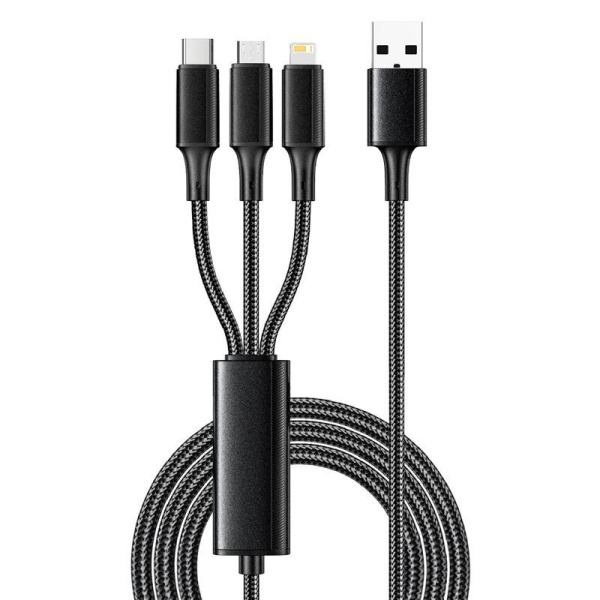 Кабель USB 3в1 Type-С (6А) Lightning (2.4А) micro USB (3А) 1.2м черн. оплетка световая индикация Rexant 18-7075