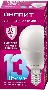 Лампа светодиодная 90 426 OLL-G45-13-230-6.5K-E14-FR 13Вт шар 6500К E14 90-240В PRO ОНЛАЙТ 90426