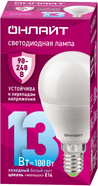 Лампа светодиодная 90 426 OLL-G45-13-230-6.5K-E14-FR 13Вт шар 6500К E14 90-240В PRO ОНЛАЙТ 90426