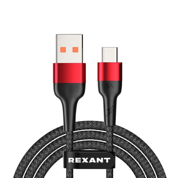 Кабель USB-A-Type-C 5А 50Вт 1м черн. нейлон. оплетка Rexant 18-7066