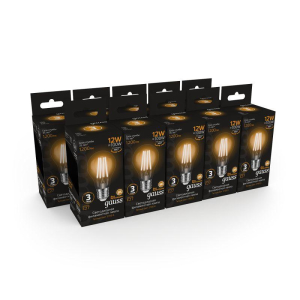 Лампа светодиодная филаментная Black Filament 12Вт A60 грушевидная 2700К тепл. бел. E27 1200лм GAUSS 102902112