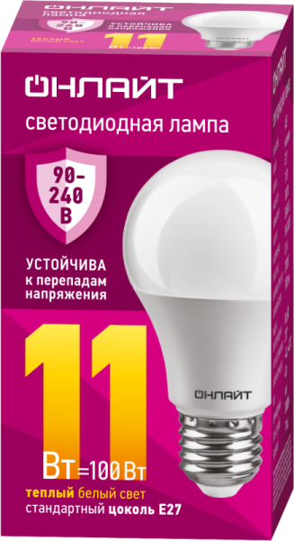 Лампа светодиодная 90 531 OLL-A55-11-230-2.7К-E27 11Вт грушевидная 2700К E27 90-240В PRO ОНЛАЙТ 90531