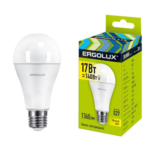 Лампа светодиодная LED-A60-17W-E27-3K 17Вт грушевидная матовая 3000К тепл. бел. E27 220-240В ЛОН Ergolux 13179