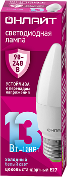 Лампа светодиодная 90 418 OLL-C37-13-230-6.5K-E27-FR 13Вт свеча 6500К E27 90-240В PRO ОНЛАЙТ 90418