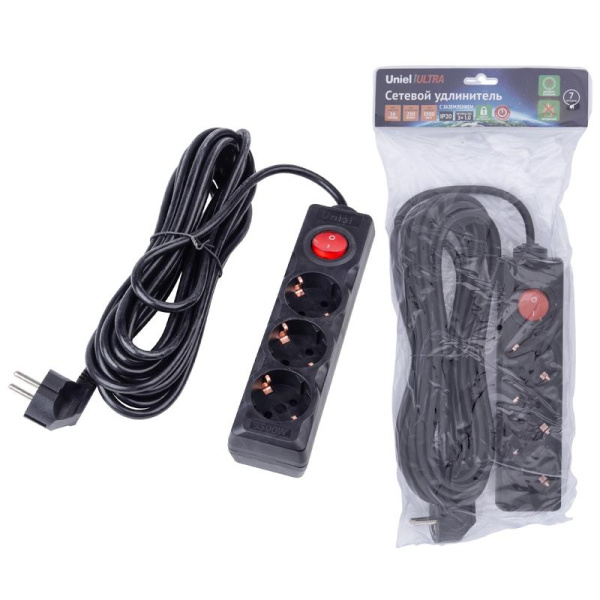 Удлинитель 3х7м с заземл. 16А Ultra S-GCU3-7B BLACK черн. Uniel UL-00010020