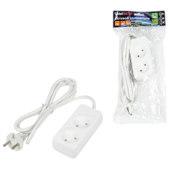 Удлинитель 2х1.5м без заземл. 10А Ultra S-CU2-1.5 WHITE бел. Uniel UL-00009975