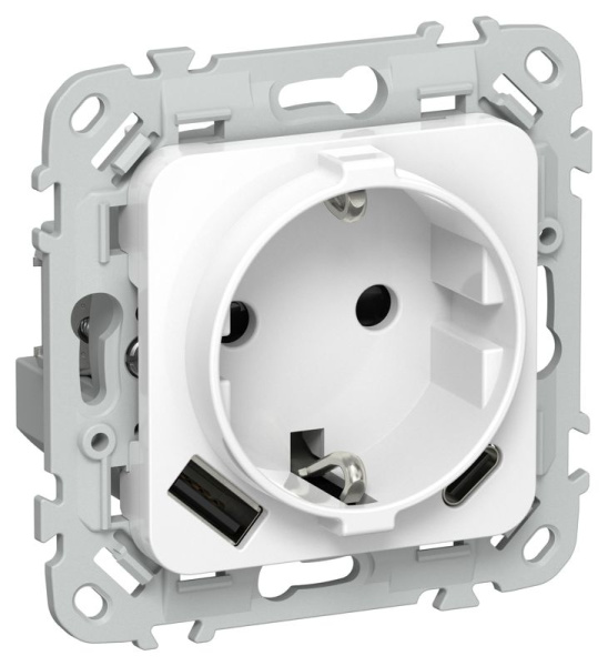 Розетка 1-м СП FLITE РСЮшс11-1-ФлБ 16А с USB A+C 20Вт с заземл. с защ. шторками безвинтовое крепление механизм бел. IEK FI-R14-16-1-U22-020-K01