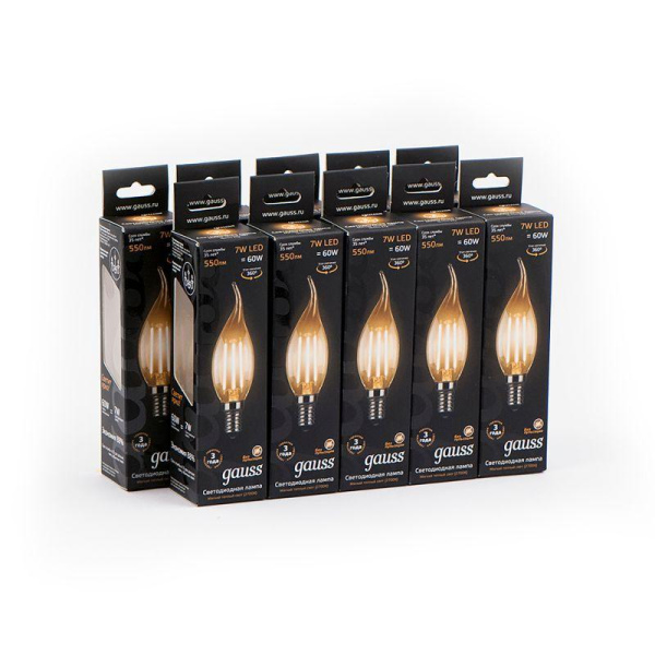 Лампа светодиодная филаментная Black Filament 7Вт свеча на ветру 2700К тепл. бел. E14 550лм GAUSS 104801107