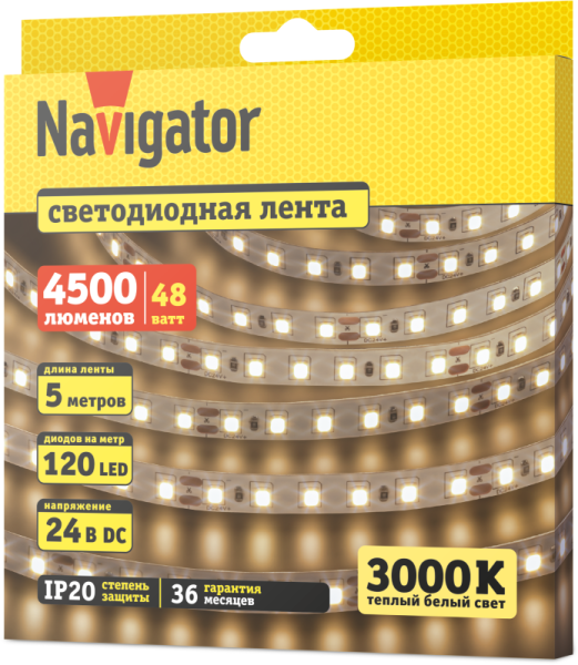 Лента светодиодная 95 307 NLS-2835WW120-9.6-IP20-24V (уп.5м) Navigator 95307