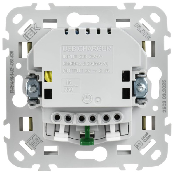 Розетка 1-м СП FLITE РСЮша11-1-ФлО 16А с USB A+A 3.1А с заземл. с защ. шторками безвинтовое крепление механизм олив. IEK FI-R14-16-1-U21-D31-K26
