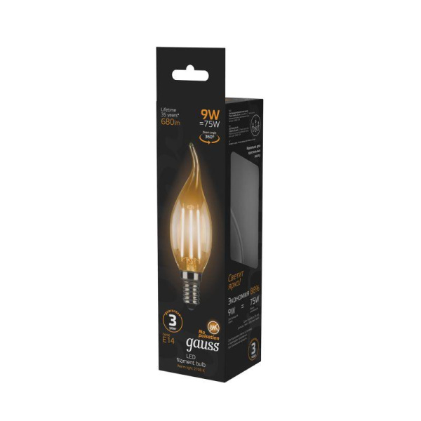 Лампа светодиодная филаментная Black Filament 9Вт свеча на ветру 2700К тепл. бел. E14 680лм GAUSS 104801109