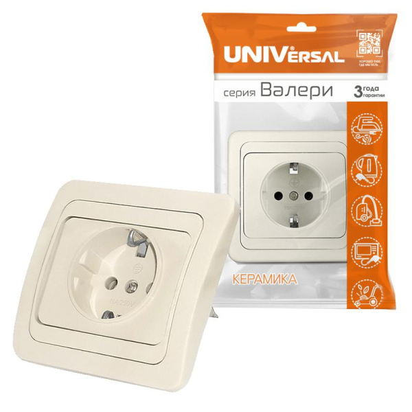 Розетка 1-м СП Валери 16А с заземл. сл. кость UNIVersal Б-В0028