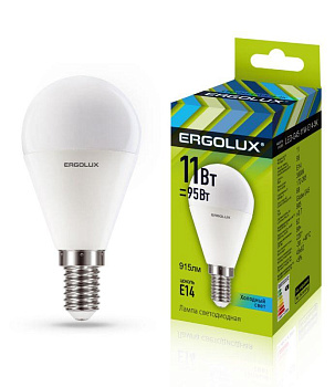 Лампа светодиодная LED-G45-11W-E14-4K 11Вт шар матовая 4000К бел. E14 220-240В Ergolux 13628