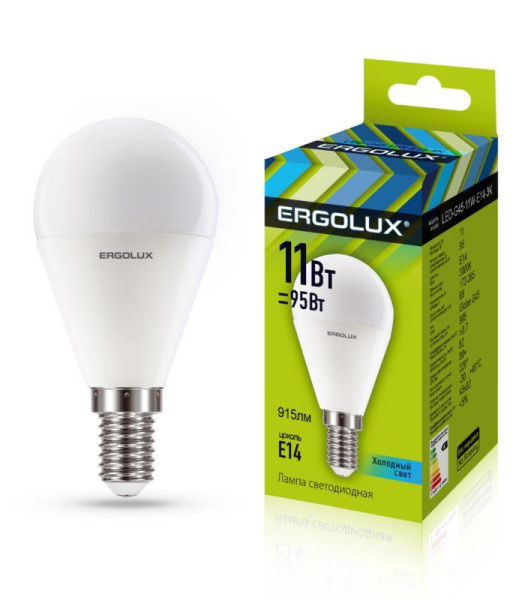 Лампа светодиодная LED-G45-11W-E14-4K 11Вт шар матовая 4000К бел. E14 220-240В Ergolux 13628
