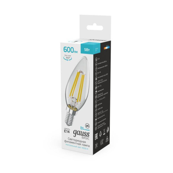 Лампа светодиодная филаментная Basic Filament 5Вт Свеча 4000К E14 600лм GAUSS 50312252