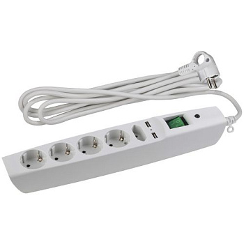 Удлинитель с сетевым фильтром 5х2м с заземл. 10А IP20 U-5es-2m-W 2хUSB ПВС 3х0.75 с выкл. защ. шторки бел. Эра C0043327