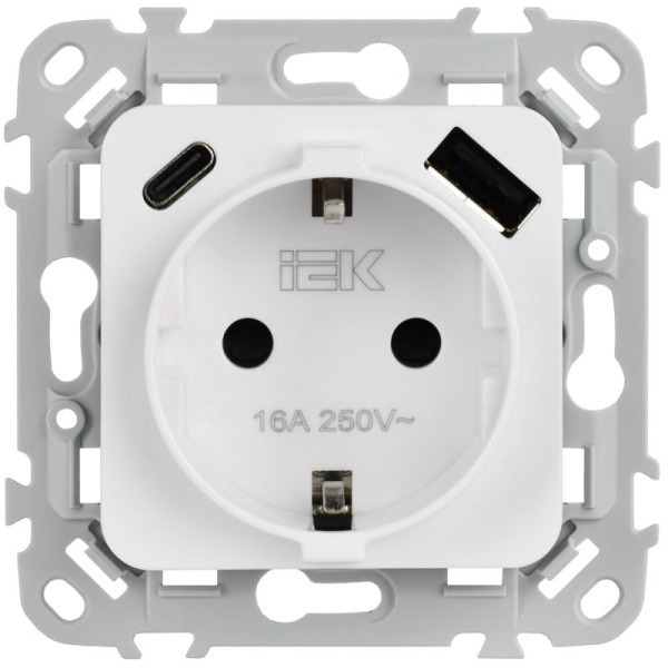 Розетка 1-м СП FLITE РСЮшс11-1-ФлБ 16А с USB A+C 20Вт с заземл. с защ. шторками безвинтовое крепление механизм бел. IEK FI-R14-16-1-U22-020-K01