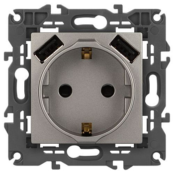 Розетка Elegance 14-4109-16 16A 250В 2P+E защ. штор. с 2xUSB 3А 5В титан Эра Б0065775