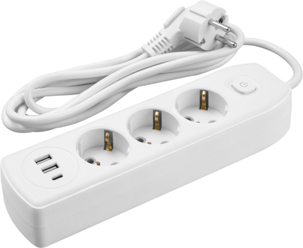 Удлинитель 3х5м с заземл. 10А IP20 90 840 OPE-USB-03-500-ESC-3x1 USB 2xType-A + Type-C с кнопкой ОНЛАЙТ 90840