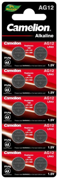 Элемент питания алкалиновый "таблетка" LR43/386A/186/G12 Mercury Free AG12-BP0%Hg для часов BL-10 (блист.10шт) Camelion 12820