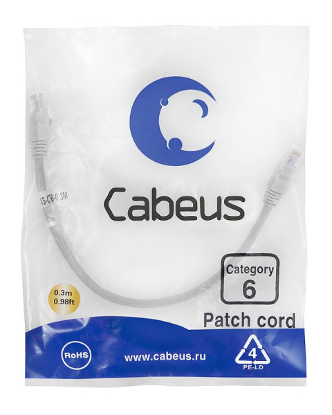 Патч-корд U/UTP кат.6 PC-UTP-RJ45-Cat.6-0.3m 2xRJ45/8p8c неэкранир. PVC 0.3м сер. Cabeus 7272c