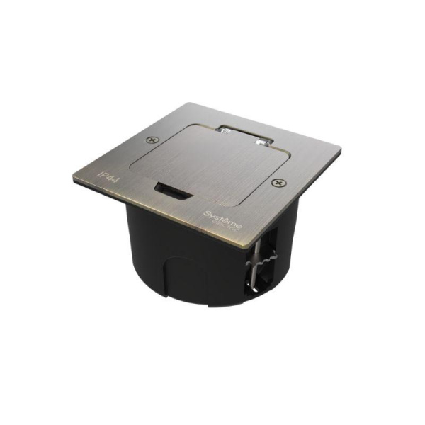 Лючок MultiDesk MDK21 с розеткой 2P+E 16А 250В IP44 с монтажной коробкой для стены фальшпола стола античная латунь SE MDK21102BA