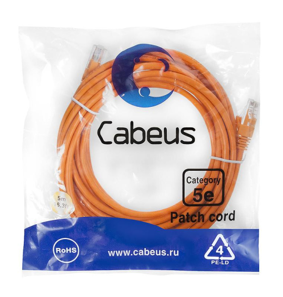 Патч-корд U/UTP кат.5E PC-UTP-RJ45-Cat.5e-5m-OR-LSZH 2xRJ45/8p8c неэкранир. LSZH 5м оранж. Cabeus 9525c