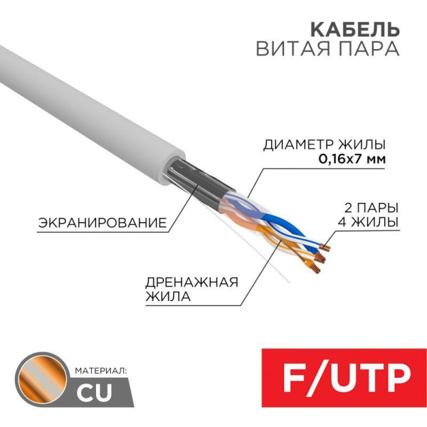 Кабель витая пара F/UTP кат.5e 2х2х24AWG PVC INDOOR медь МЖ сер. (305м) Rexant 01-0125
