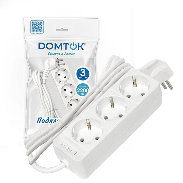 Удлинитель 3х3м с заземл. 10А IP20 2.2кВт ПВС 3х0.75 бел. DOMTOK 2375