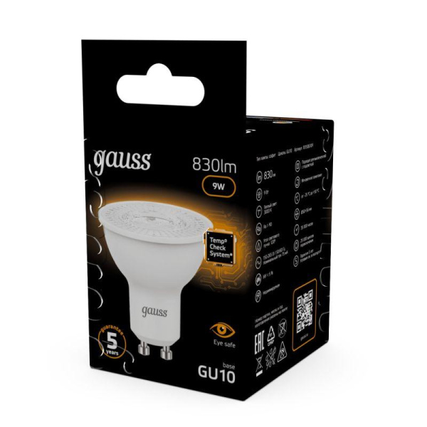 Лампа светодиодная Black 9Вт MR16 софит 3000К тепл. бел. GU10 830лм GAUSS 101506109