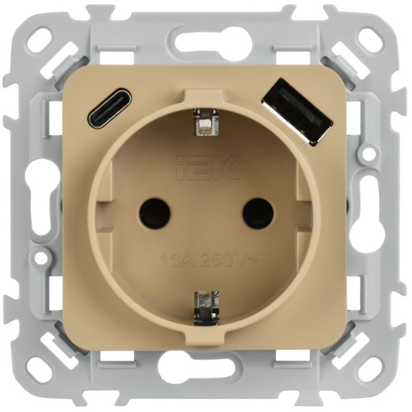 Розетка 1-м СП FLITE РСЮшс11-1-ФлХ 16А с USB A+C 20Вт с заземл. с защ. шторками безвинтовое крепление механизм хаки IEK FI-R14-16-1-U22-020-K59