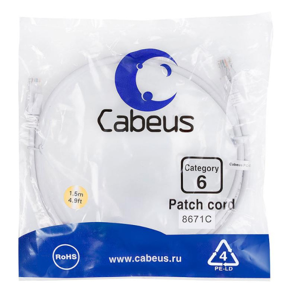 Патч-корд U/UTP кат.6 PC-UTP-RJ45-Cat.6-1.5m-WH 2xRJ45/8p8c неэкранир. PVC 1.5м бел. Cabeus 8671c