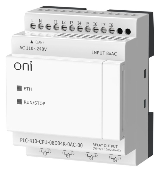Модуль ЦПУ ПЛК 410 8 DI 4 RO 220В AC с Ethernet портом без экрана ONI PLC-410-CPU-08D04R-0AC-00
