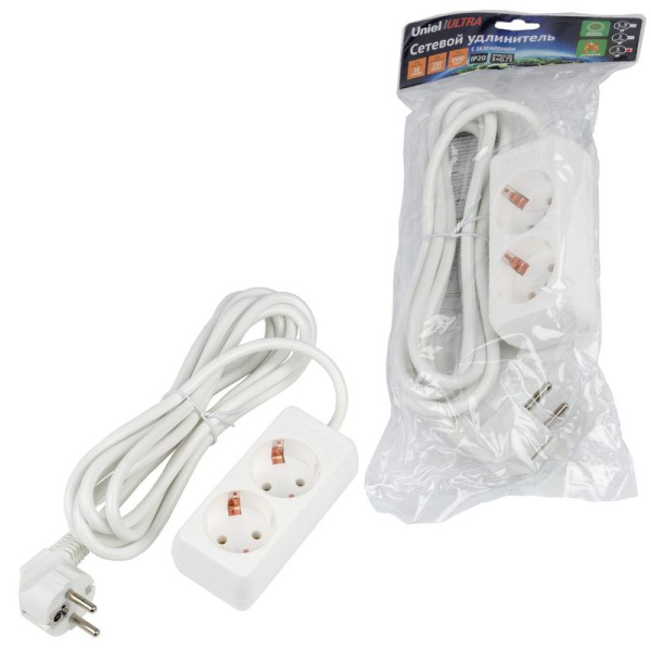 Удлинитель 2х3м с заземл. 16А Ultra S-GCU2-3 WHITE бел. Uniel UL-00009998