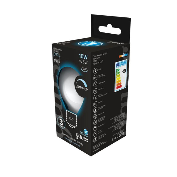 Лампа светодиодная филаментная Black Filament 10Вт A160 грушевидная матовая 4100К нейтр. бел. E27 890лм диммир. GAUSS 179202210-D
