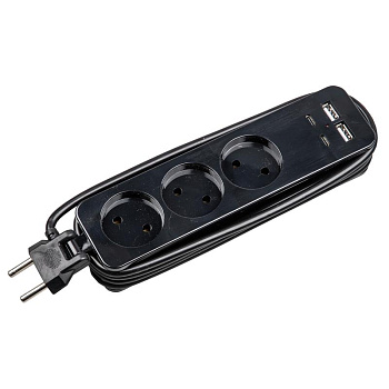 Удлинитель 3х1.8м без заземл. 2хUSB A+2xUSB type-C 10А IP20 S-CT3-1.8UC BLACK ПВС 2х1 Uniel UL-00011139