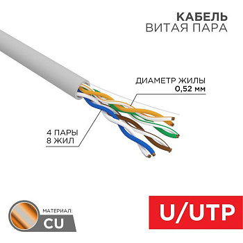 Кабель витая пара U/UTP кат.5E PVC 4х2х0.52мм 24AWG INDOOR SOLID сер. (305м) (м) PRO Rexant 02-0005