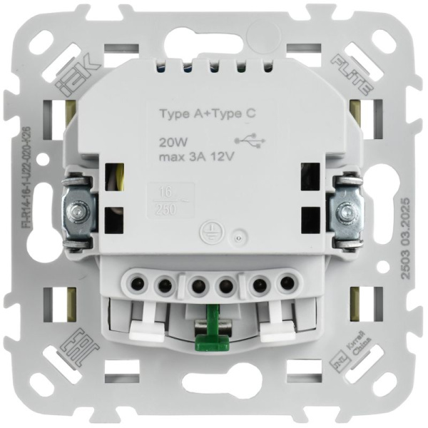 Розетка 1-м СП FLITE РСЮшс11-1-ФлО 16А с USB A+C 20Вт с заземл. с защ. шторками безвинтовое крепление механизм олив. IEK FI-R14-16-1-U22-020-K26