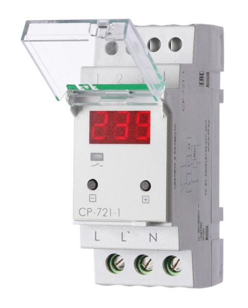 Реле напряжения 1ф CP-721-1 (CP-721-63A) УХЛ2 диап. рабочих температур -40...+55град.C цифровая индикация; 50-450В контакт 1NO 63А встроен. таймер регистрация аварий в памяти индикация текущего напряж. F&F EA04.009.018