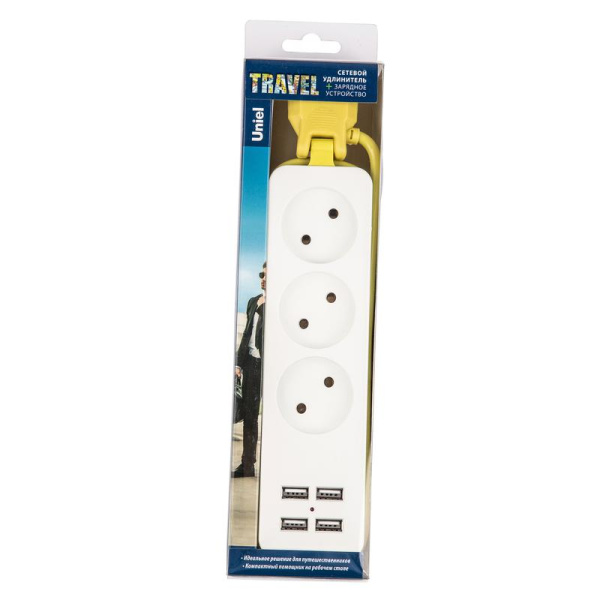Удлинитель 3х1.8м без заземл. 10А Travel S-CT3-1.8U WHITE/GREEN 4USB (31А) бел./салат. Uniel UL-00011136